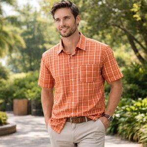Denver Hayes Orange Plaid Cotton Blend Button Down Shirt | Casual Short Sleeve